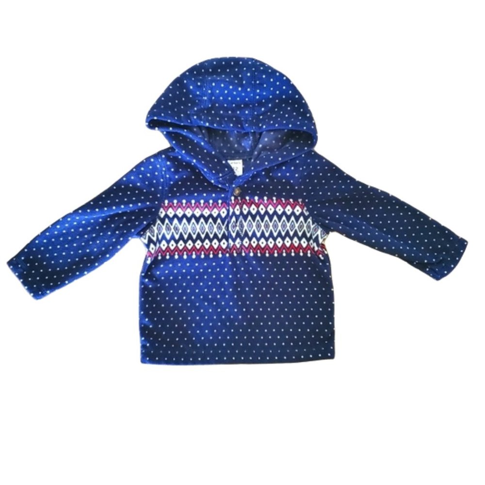 Carter's Infant Navy Blue Fair Isle Fleece Hooded Pullover Size 12 Months Festiv